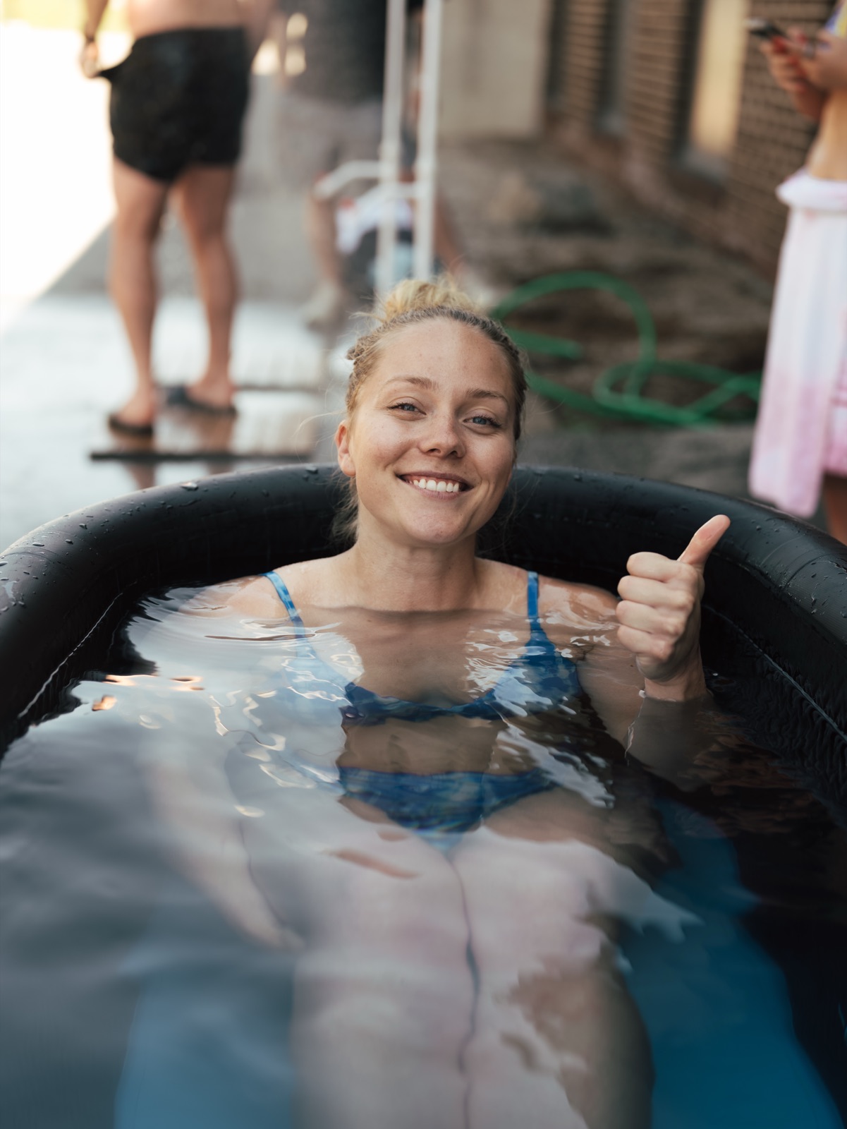 A thumbs-up from the cold plunge